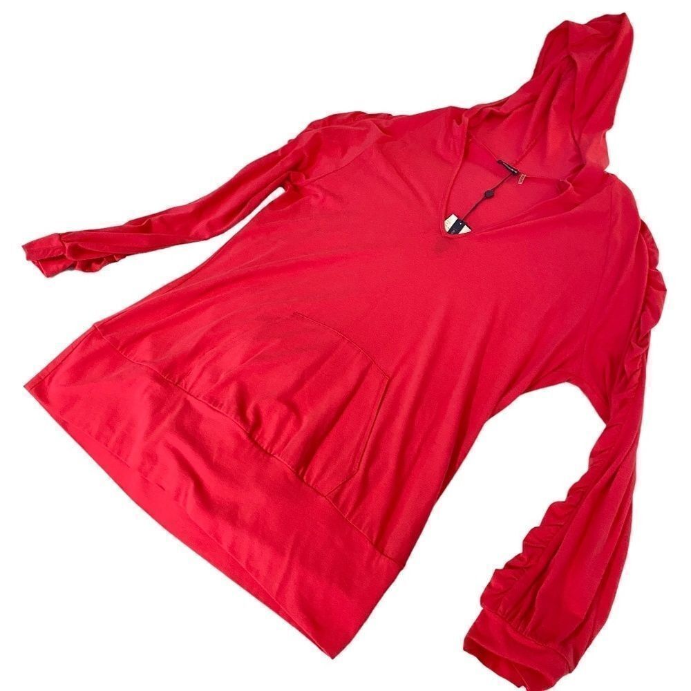 1421 Magaschoni Ruched Hot Pink Size XL V Neck Hood Top Kangaroo  Pocket NWT